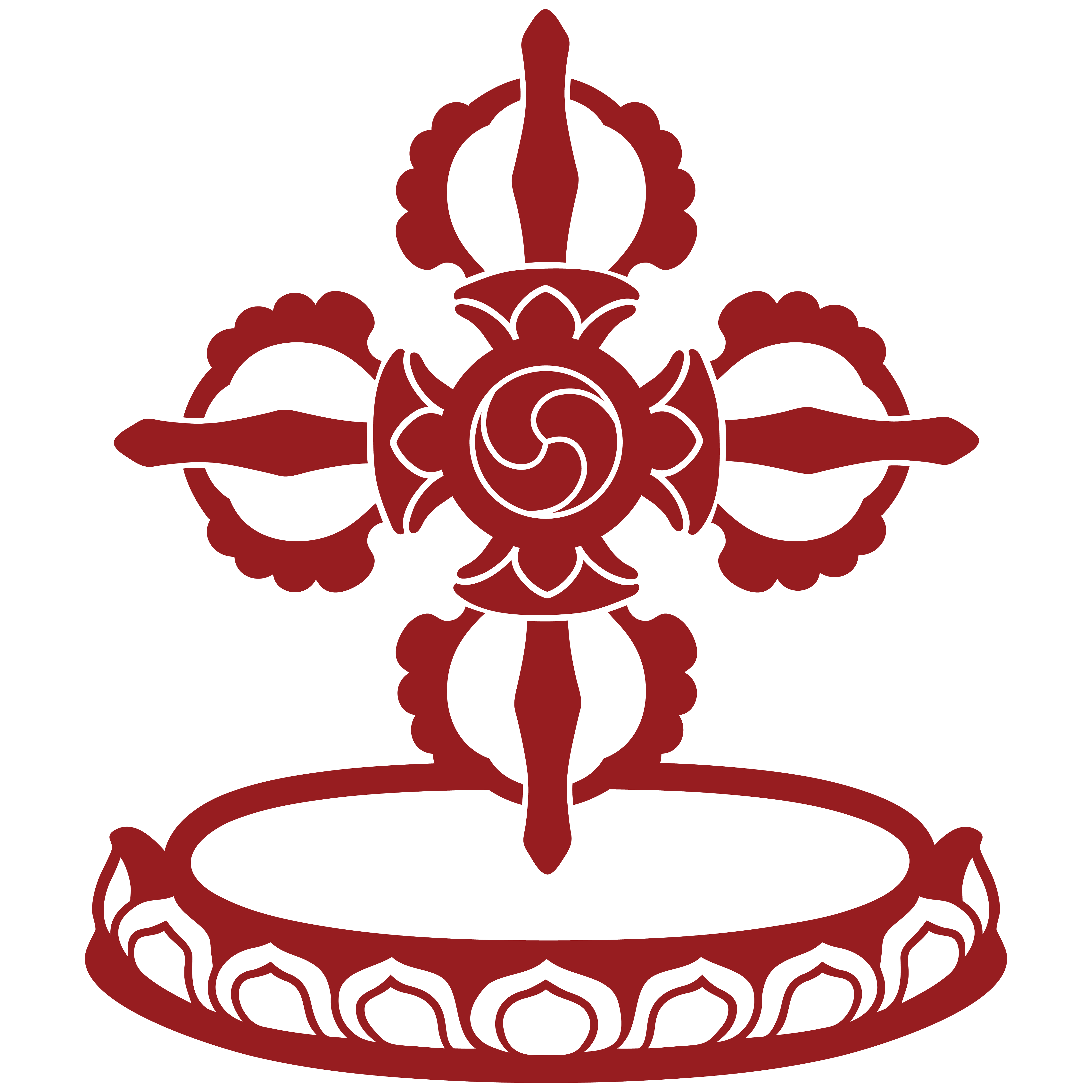 Tergar Sangha logo - a maroon double vajra standing above a lotus and moon seat